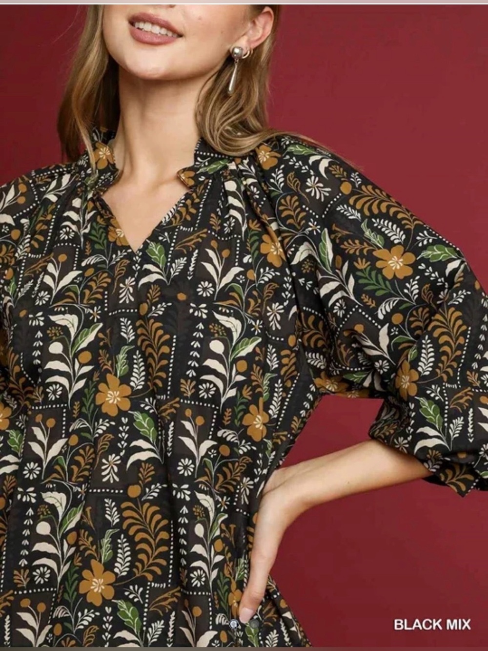 UMGEE Balloon Sleeve Baccara Floral Blouse - 2XL